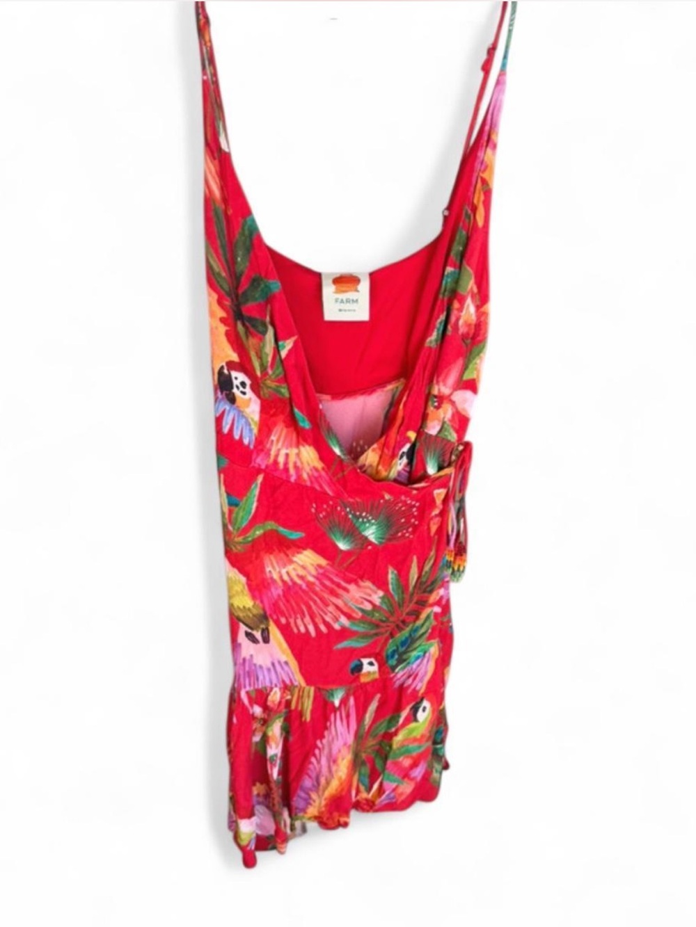 FARM Rio Red Macaw Wrap Dress, vibrant, tropical print, wrap silhouette, Sz M - Picture 3 of 5